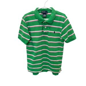 Polo Ralph Lauren Boys Green Pink Striped Short Sleeve Polo Shirt Size 7 Pony